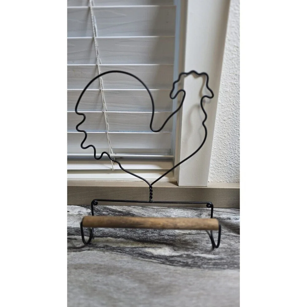 Country Rooster Metal Paper Towel Holder Black Wire Wood Farmhouse Kitchen